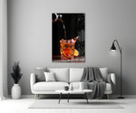 Amber whiskey splash cinematic glass wall art over walnut bar cabinet