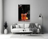 Amber whiskey splash cinematic glass wall art over walnut bar cabinet