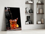 Pour-shot cocktail cinematic glass wall art beside modern dining sideboard