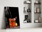 Pour-shot cocktail cinematic glass wall art beside modern dining sideboard