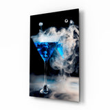 Blue smoke martini captured-fluid cinematic glass wall art beside home bar back-counter