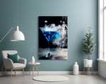Cobalt martini splash cinematic glass wall art in hospitality bar
