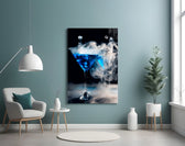 Cobalt martini splash cinematic glass wall art in hospitality bar