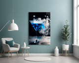 Cobalt martini splash cinematic glass wall art in hospitality bar
