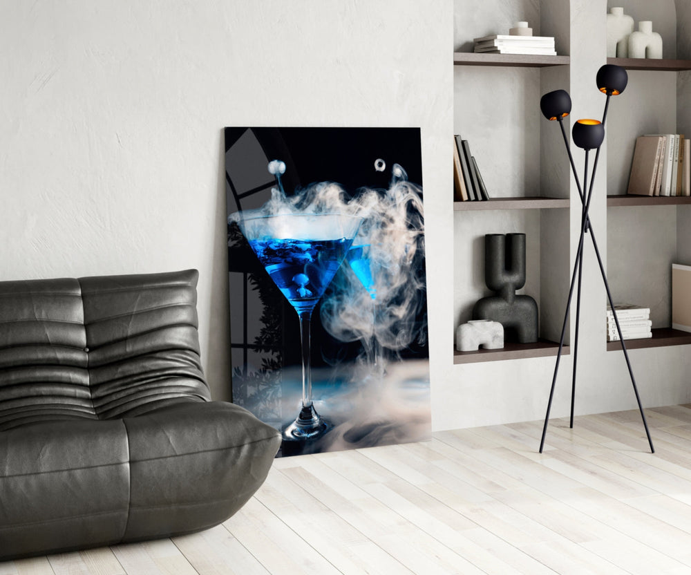 Mystic blue cocktail cinematic glass wall art in designer lounge