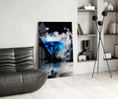 Mystic blue cocktail cinematic glass wall art in designer lounge