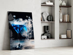 Captured-fluid bar cinematic glass wall art over modern bar console