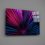 Synthwave fan-palm sunburst glass wall art over modern living-room sofa