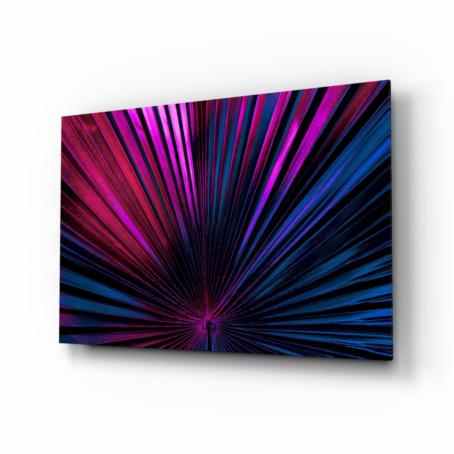 Radiant burst palm cinematic glass wall art above black media console