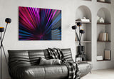 Neon tropical sunburst cinematic glass wall art over walnut bar cabinet