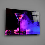 Magenta-cobalt smoke martini glass wall art in nightclub-style lounge