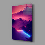 Synthwave landscape vertical glass wall art over modern gamer setup