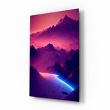 Neon mountain horizon synthwave cinematic glass wall art above black media console