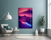 Neon-trail valley cinematic glass wall art in designer-luxury entryway