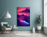 Neon-trail valley cinematic glass wall art in designer-luxury entryway