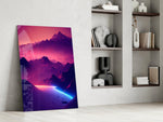 Magenta sunset peaks cinematic glass wall art beside modern bar console