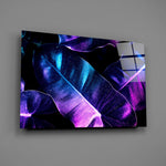 Synthwave tropical foliage glass wall art over modern living-room sofa