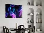 Backlit-pink leaf cinematic glass wall art over master-bedroom headboard