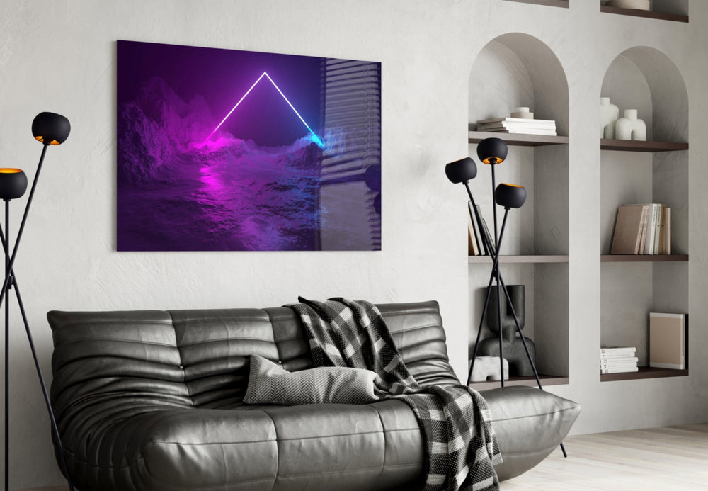 Sci-fi neon-triangle cinematic glass wall art in designer-luxury entryway