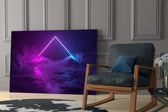 Magenta-and-cyan landscape cinematic glass wall art beside modern bar console
