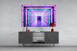 Neon corridor cinematic glass wall art in modern home media room