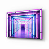 Neon light tunnel synthwave cinematic glass wall art above black media console