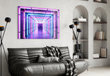 Synthwave perspective tunnel cinematic glass wall art in designer lounge