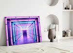 Neon stage tunnel cinematic glass wall art over master-bedroom headboard
