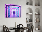 One-point-perspective neon glass wall art in tasteful boys' bedroom