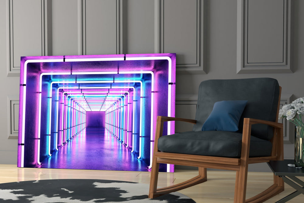 Concrete-reflection neon cinematic glass wall art beside modern bar console