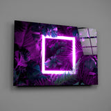 Synthwave magenta-square tropical glass wall art over modern living-room sofa