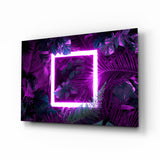 Neon jungle square cinematic glass wall art above black media console