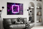 Neon foliage stage-lit cinematic glass wall art over walnut bar cabinet