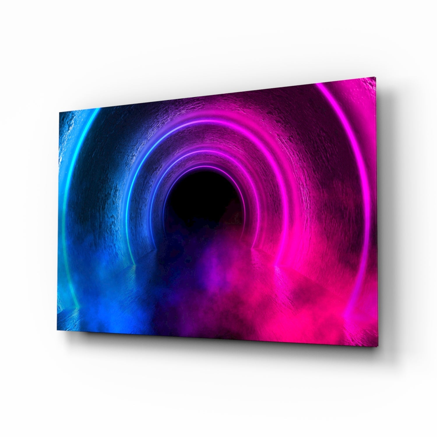Neon portal tunnel synthwave cinematic glass wall art above black media console