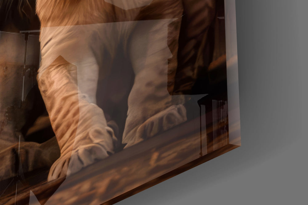 Lion family cinematic glass wall art in boutique-hotel suite