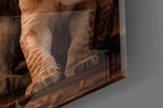 Lion family cinematic glass wall art in boutique-hotel suite