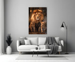 Mane-crowned lion cinematic glass wall art over modern dining sideboard