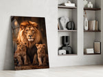 Lion-King father-and-cubs cinematic glass wall art in boys-room above bunk