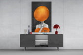 Fashion-poster cinematic glass wall art in feminine-luxe boudoir