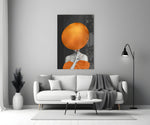 Magritte-style surreal cinematic glass wall art beside master-bedroom dressing table