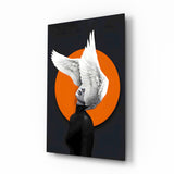 Wings of mind surreal cinematic glass wall art over walnut console in designer office