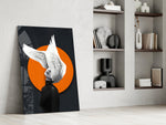 Pop-poster cinematic glass wall art over modern dining sideboard