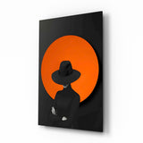Red sun silhouette cinematic glass wall art over walnut console in designer entry