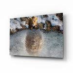 Lion cub future-self reflection cinematic glass wall art over walnut console in designer office