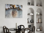 Self-becoming cinematic glass wall art over modern dining sideboard