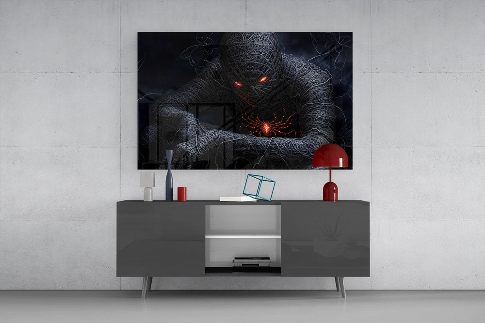 Cosmic vigilante cinematic glass wall art over modern dining sideboard