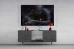 Cosmic vigilante cinematic glass wall art over modern dining sideboard