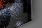Cosmic-web vigilante cinematic glass wall art in streetwear boutique entry