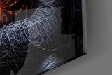 Cosmic-web vigilante cinematic glass wall art in streetwear boutique entry