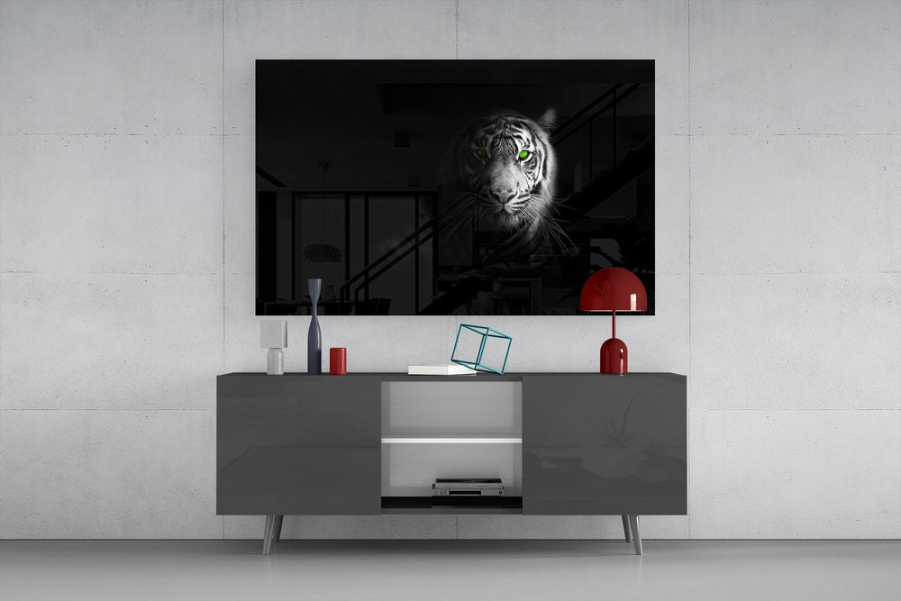 Bengal portrait cinematic glass wall art in masculine-luxe study